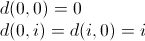  \begin{array}{l} d(0,0) = 0 \\ d(0,i) = d(i,0) = i  \end{array} 
